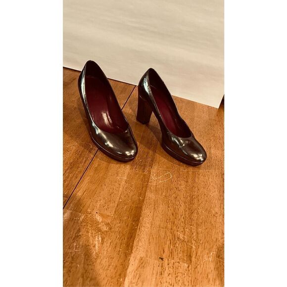 Coach Brown Bronze Block Leather Heels Round Toe Womens Size 8 - Picture 2 of 12